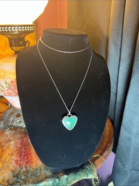 Taxco Silver Heart Pendant Necklace with Green Stone 925 Sterling Vintage
